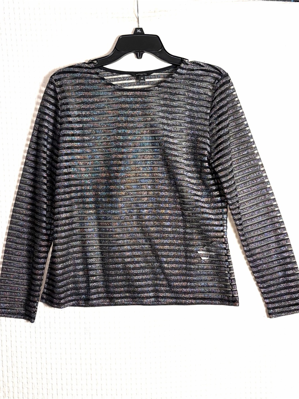 Banana Republic Women M Sheer Black Silver Metallic Top Striped Witchy Going Out